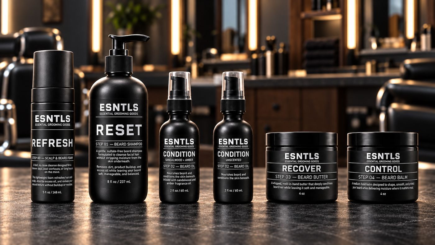 The ESNTLS system lined up on a barbershop counter: Refresh foam, Reset shampoo, Condition beard oil in Sandalwood + Amber and Unscented, Recover beard butter, and Control beard balm.